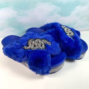 Azalea Wang Blue Platform Faux Fur Slides Bling Snake NWOB